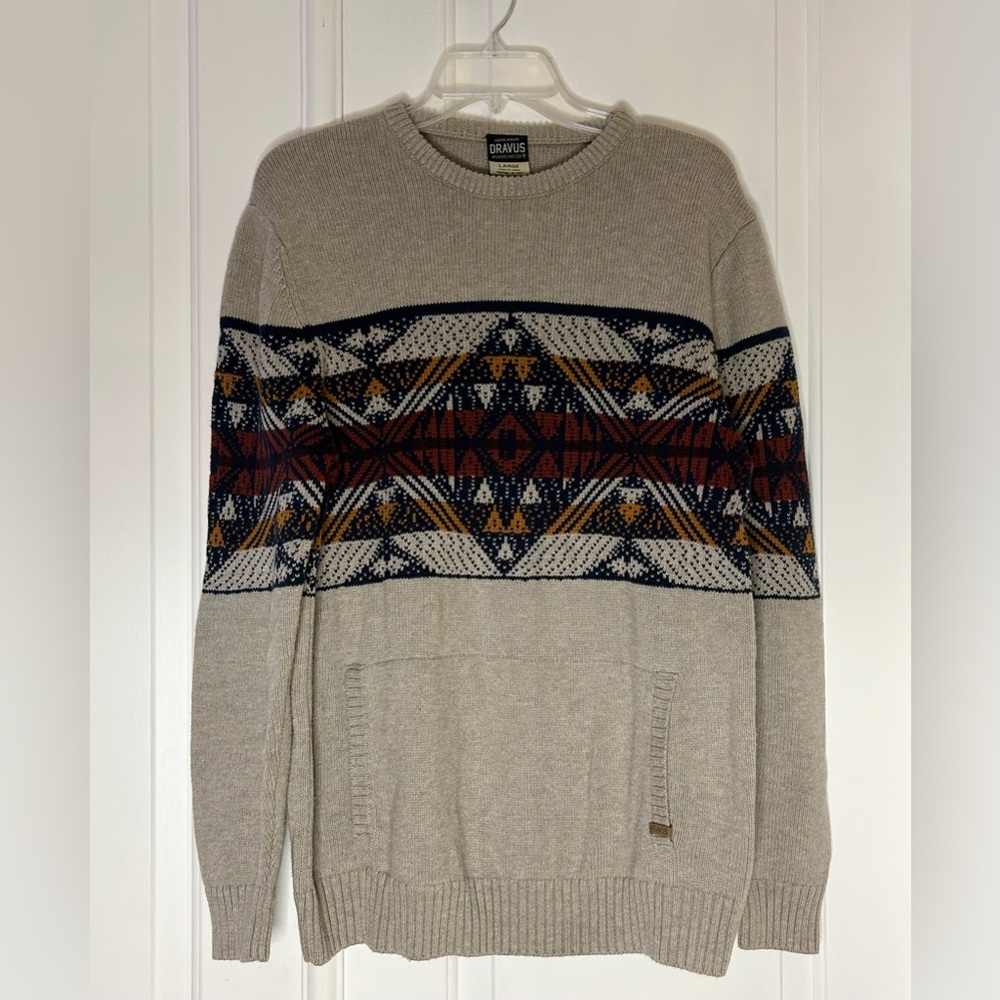 DRAVUS  Beige Crew Sweater w/design, Front Pocket Size Large